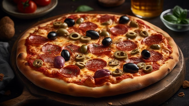 Una pizza con olive e olive sopra