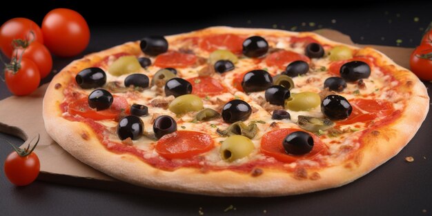 Una pizza con olive e olive sopra