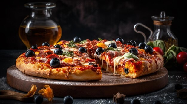 Una pizza con olive e olive su un piatto