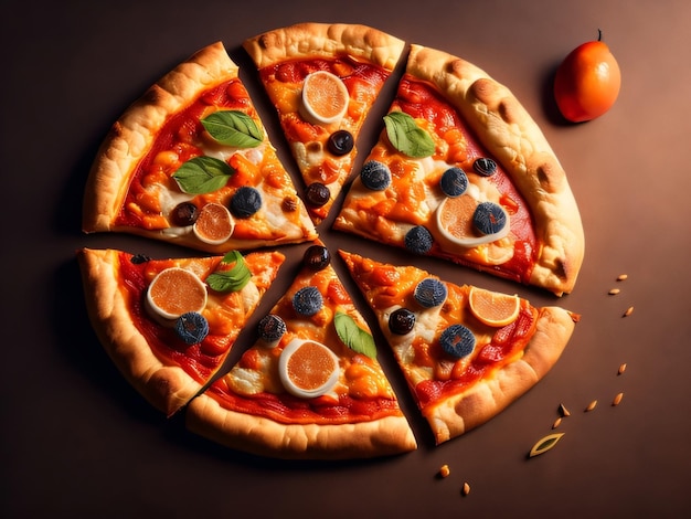 Una pizza con olive e pomodori sopra