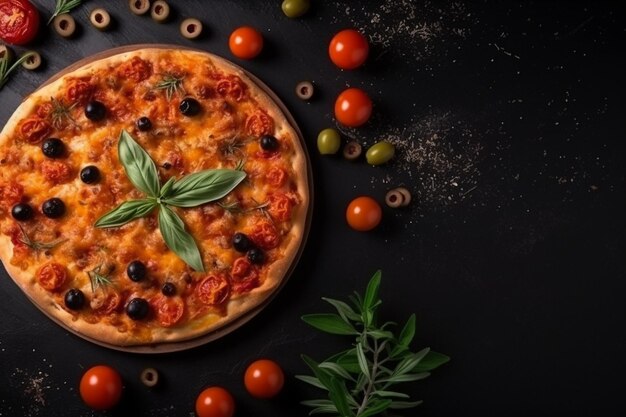 Una pizza con olive e pomodori su sfondo nero.