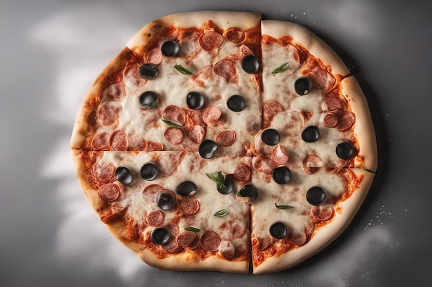una pizza con olive nere e olive nere sopra.