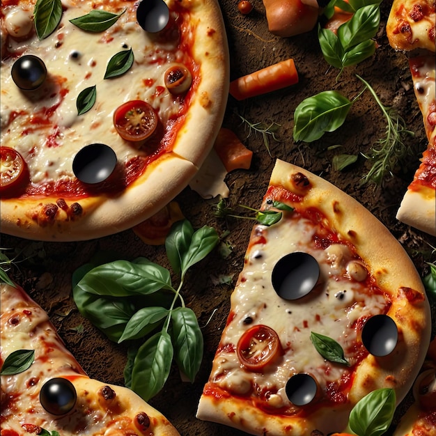 una pizza con olive nere e pomodori
