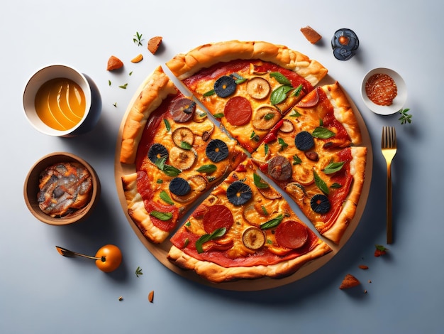 Una pizza con olive, olive e funghi su un tavolo.