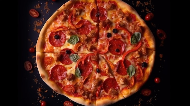 Una pizza con peperoni e olive sopra