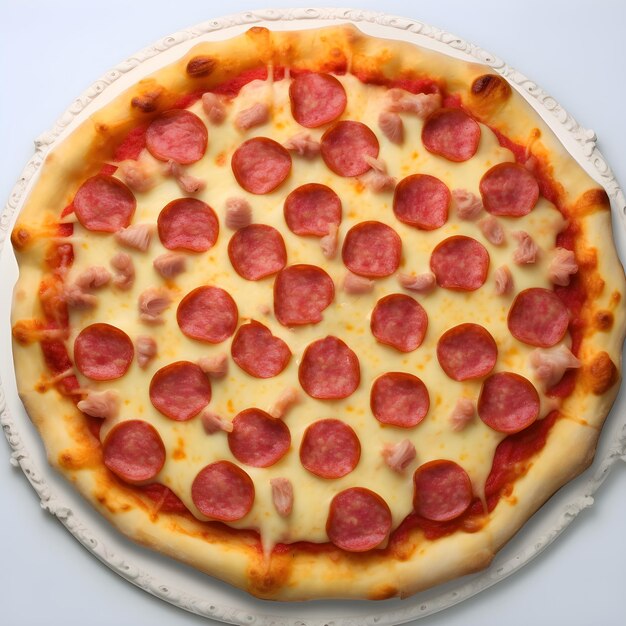Una pizza con peperoni e prosciutto sopra