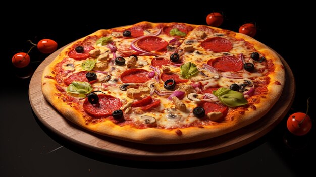 Una pizza con peperoni, olive e peperoni su un piatto di legno.