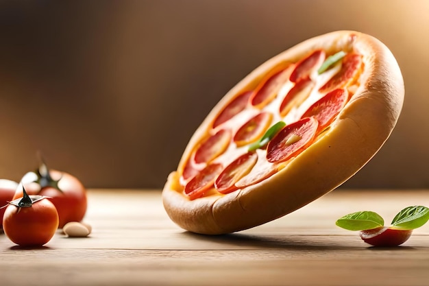 Una pizza con peperoni sopra e un pomodoro a parte