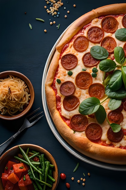 Una pizza con peperoni sopra e una scodella di spaghetti a parte.