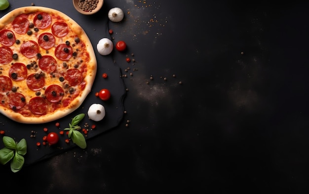 Una pizza con peperoni su sfondo nero