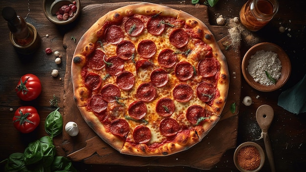 Una pizza con peperoni su una tavola di legno