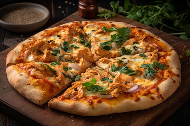 Una pizza con pollo e cipolle sopra