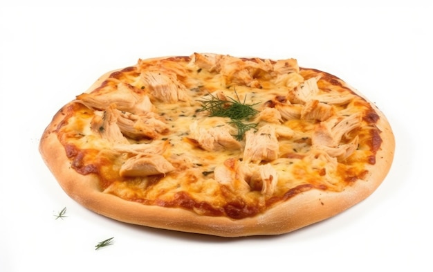 Una pizza con pollo è su uno sfondo bianco.