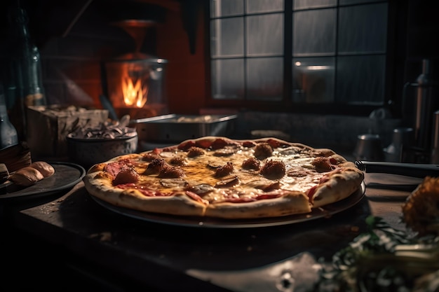 Una pizza con polpette e polpette su un tavolo accanto al fuoco.