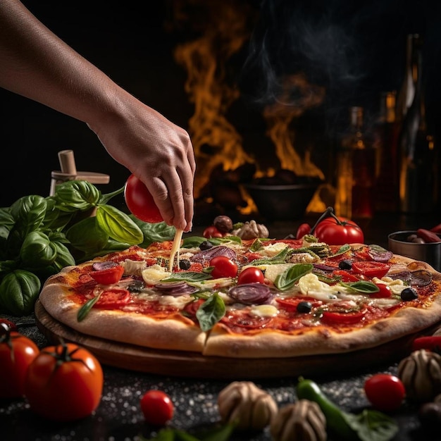 una pizza con pomodori, basilico e pomodori su un tavolo.