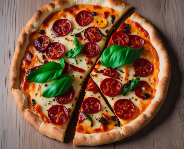 Una pizza con pomodori e basilico sopra