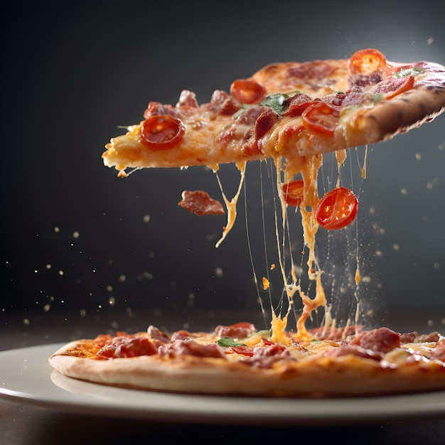 Una pizza con pomodori e formaggio viene sollevata da una fetta di pizza.