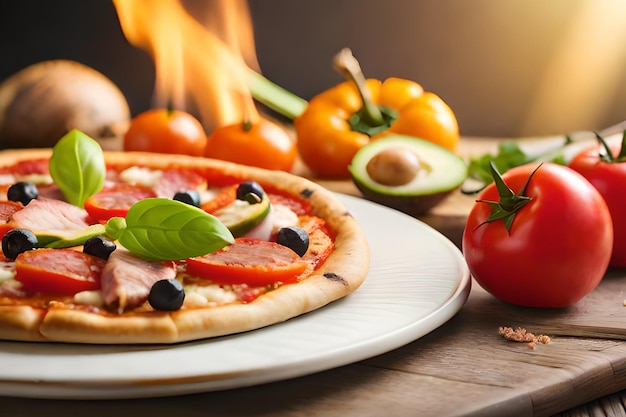 Una pizza con pomodori, olive, olive e altri alimenti su un tavolo.