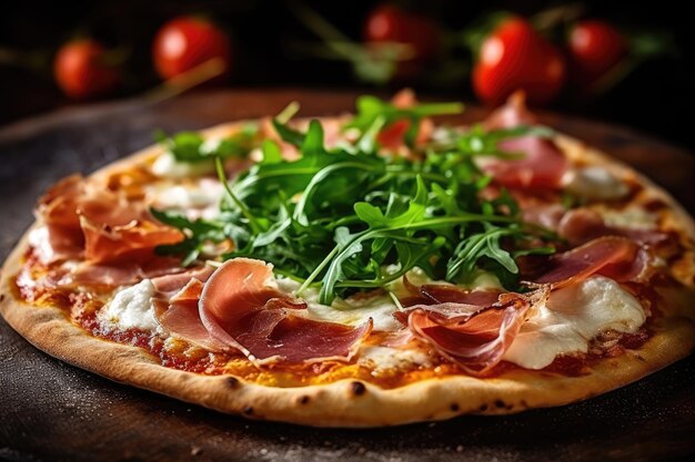 Una pizza con prosciutto, rucola e pomodoro in cima