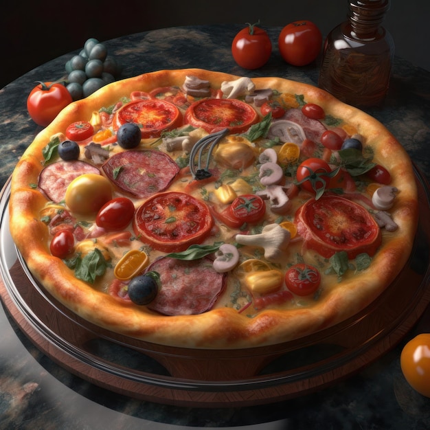 Una pizza con sopra pomodori, olive, olive e funghi.