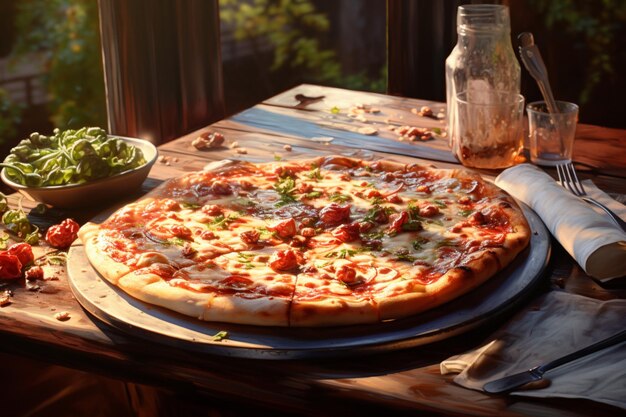 Una pizza con sopra una verdura verde si trova su un tavolo.