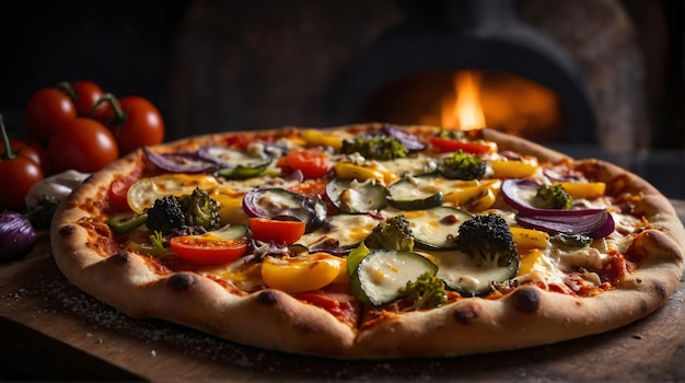 una pizza con un mucchio di verdure e un fuoco sullo sfondo