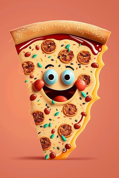 Una pizza con una faccia da cartone animato con su scritto pizza.