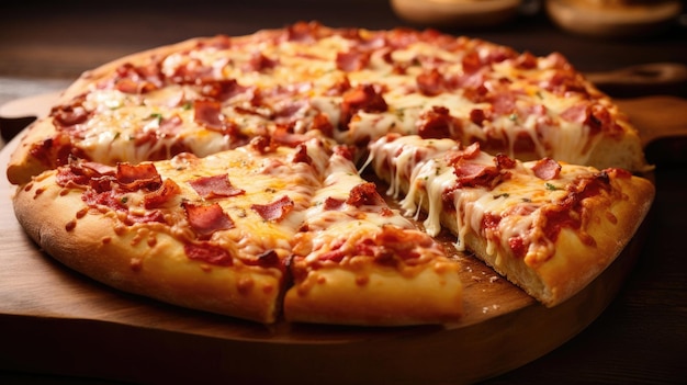 Una pizza con una fetta mancante si trova su un tavolo.