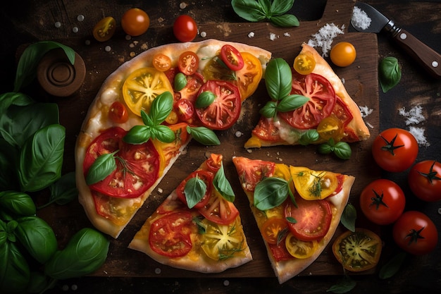 Una pizza con una fetta tagliata