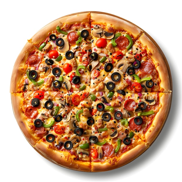 una pizza con una varietà di condimenti tra cui olive, pomodori e olive