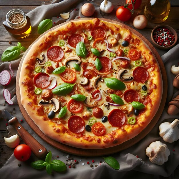 una pizza con una varietà di ingredienti tra cui peperoncini, peperoncini e funghi