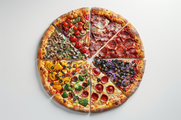 Una pizza con una varietà di topping su uno sfondo bianco