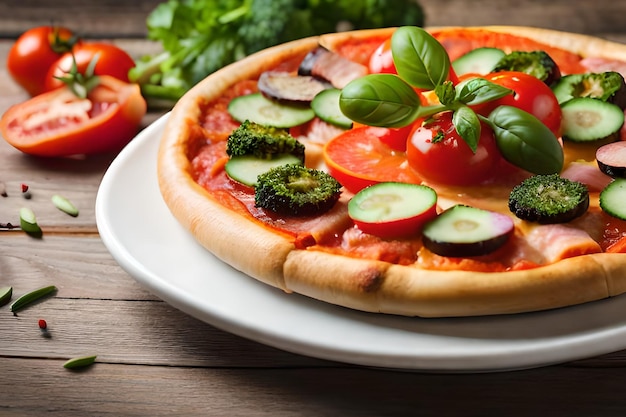 Una pizza con verdure su un tavolo di legno