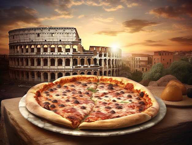 Una pizza con vista sul Colosseo sullo sfondo.