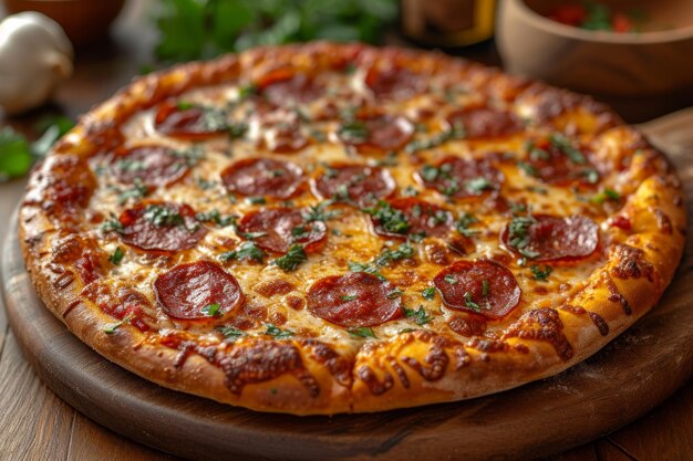 Una pizza deliziosa e ben cotta è sul tavolo.