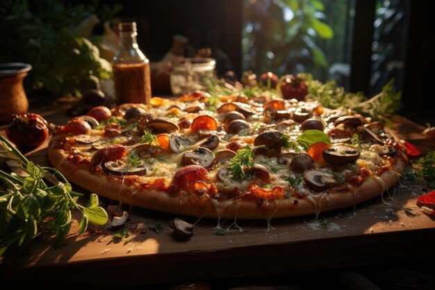 Una pizza di funghi con funghi freschi e un fondo di foresta generativa IA