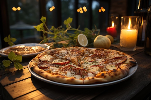 Una pizza di pere in una cena romantica alla luce delle candele sul portico generativo IA