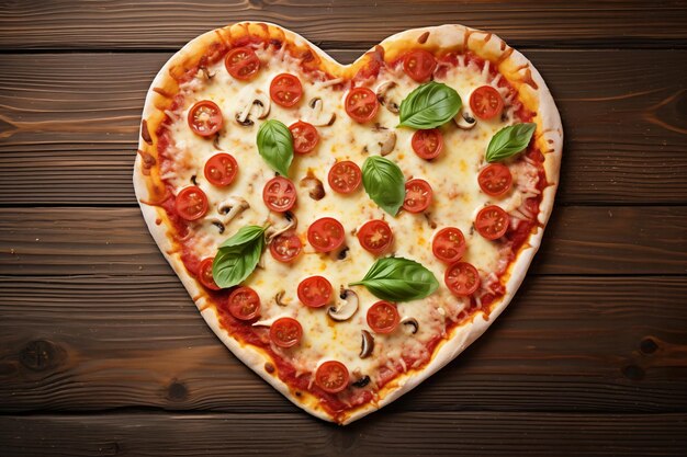 Una pizza Margherita a forma di cuore su un tavolo di legno che offre un delizioso piacere visivo e culinario