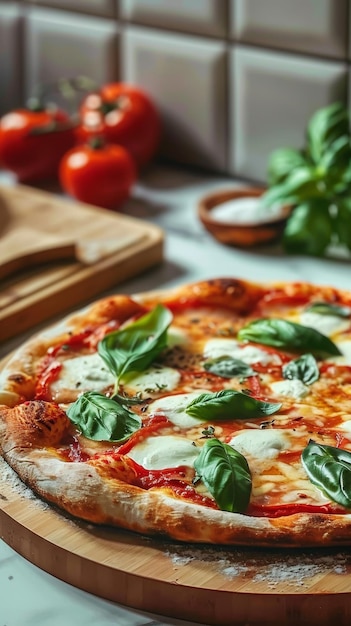 Una pizza Margherita fresca con foglie di basilico si trova su una tavola di legno con pomodori maturi e una pianta di basilice sullo sfondo pronta da gustare