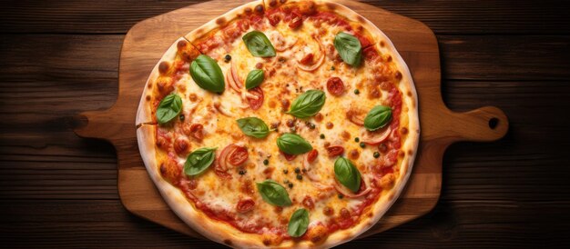 Una Pizza Margherita posta su un piano di legno con spazio vuoto intorno è presa dal