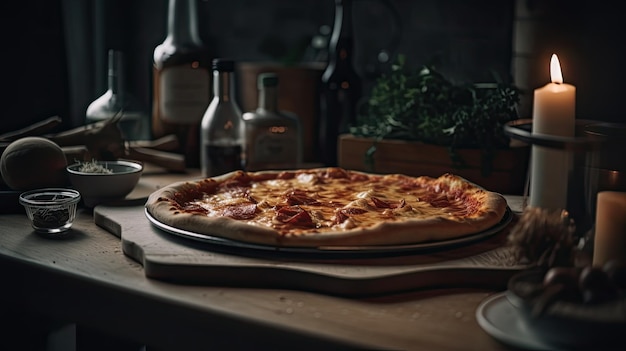 Una pizza su un tavolo con una bottiglia di vino sul tavolo.