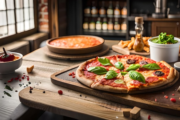 Una pizza su un tavolo di legno con dietro una bottiglia di vino