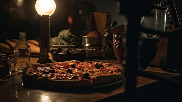 Una pizza su un tavolo in cucina con una lampada che dice "pizza"