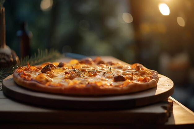 Una pizza su una tavola di legno con una candela accesa sullo sfondo