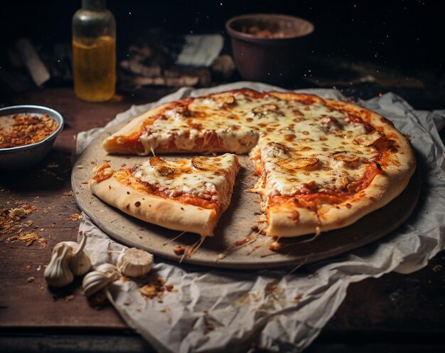 Una pizza su uno sfondo di pizza in legno