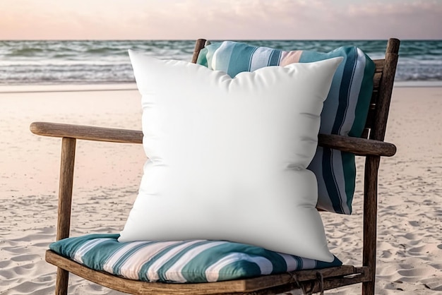 Una poltrona lounge a strisce bianche e blu con un cuscino bianco con su scritto "oceano".