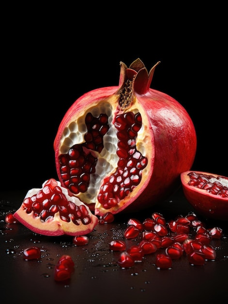 una pomegranata rossa succosa spezzata per rivelare i suoi semi