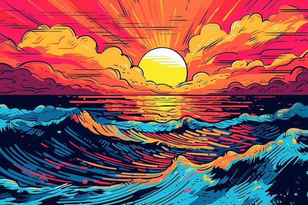 una pop art di un vibrante tramonto sull'oceano generata dall'intelligenza artificiale