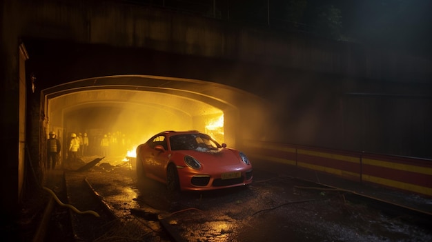 Una Porsche 718 GT3 e' sotto un tunnel con fumo che ne esce.