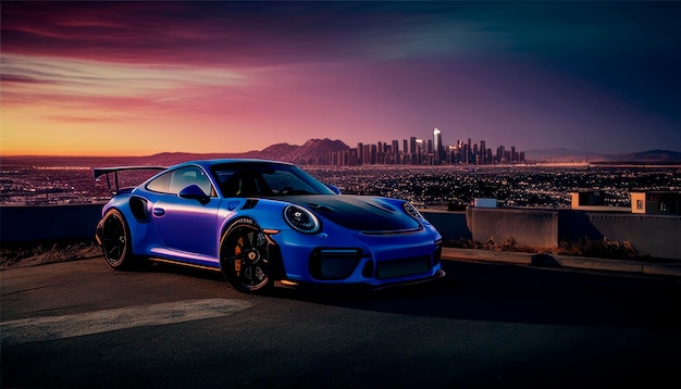 Una porsche 911 blu con una città sullo sfondo